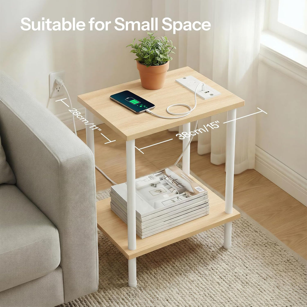 HOOBRO Side Table with Charging Station, End Table with USB Port and Outlet, Nightstand with 2-Layer Storage Shelves for Small Spaces, Living Room, Bedroom, Stable Frame, Natural and White WN09UBZ01