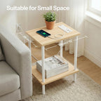 HOOBRO Side Table with Charging Station, End Table with USB Port and Outlet, Nightstand with 2-Layer Storage Shelves for Small Spaces, Living Room, Bedroom, Stable Frame, Natural and White WN09UBZ01