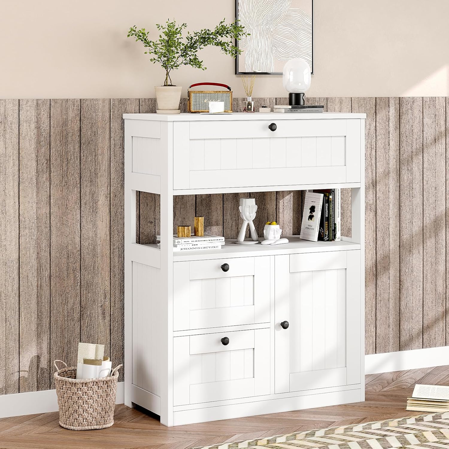 GRUSIGN Bathroom Cabinet, Modern Bathroom Floor Storage Cabinet Organizer with 1 Door and 3 Drawers, Freestanding Cupboard for Kitchen/Living Room Use