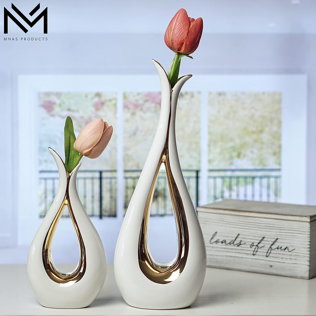 White Ceramic Decorative Vases, Set of 2, Nordic, Modern, Minimalist Design, for Home Decor, Bedroom, Weddings, Restaurants, Office and More
