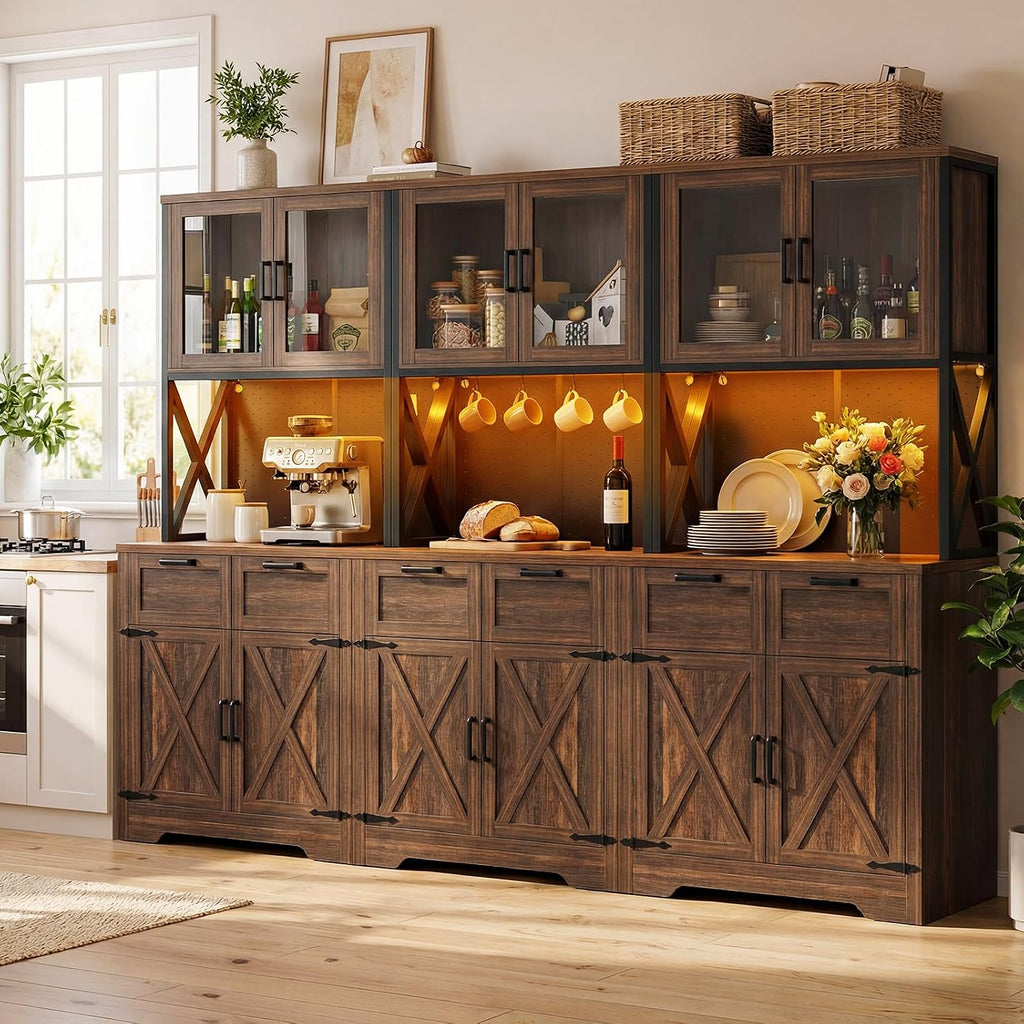 Unikito 94.5" Wide Kitchen Pantry Cabinet with 3 Power Outlets & LED Light, 71" Tall Large Kitchen Hutch with Countertop, DIY Pegboard with 18 Hooks & 6 Drawers, Farmhouse Food Pantry, Weathered Brown