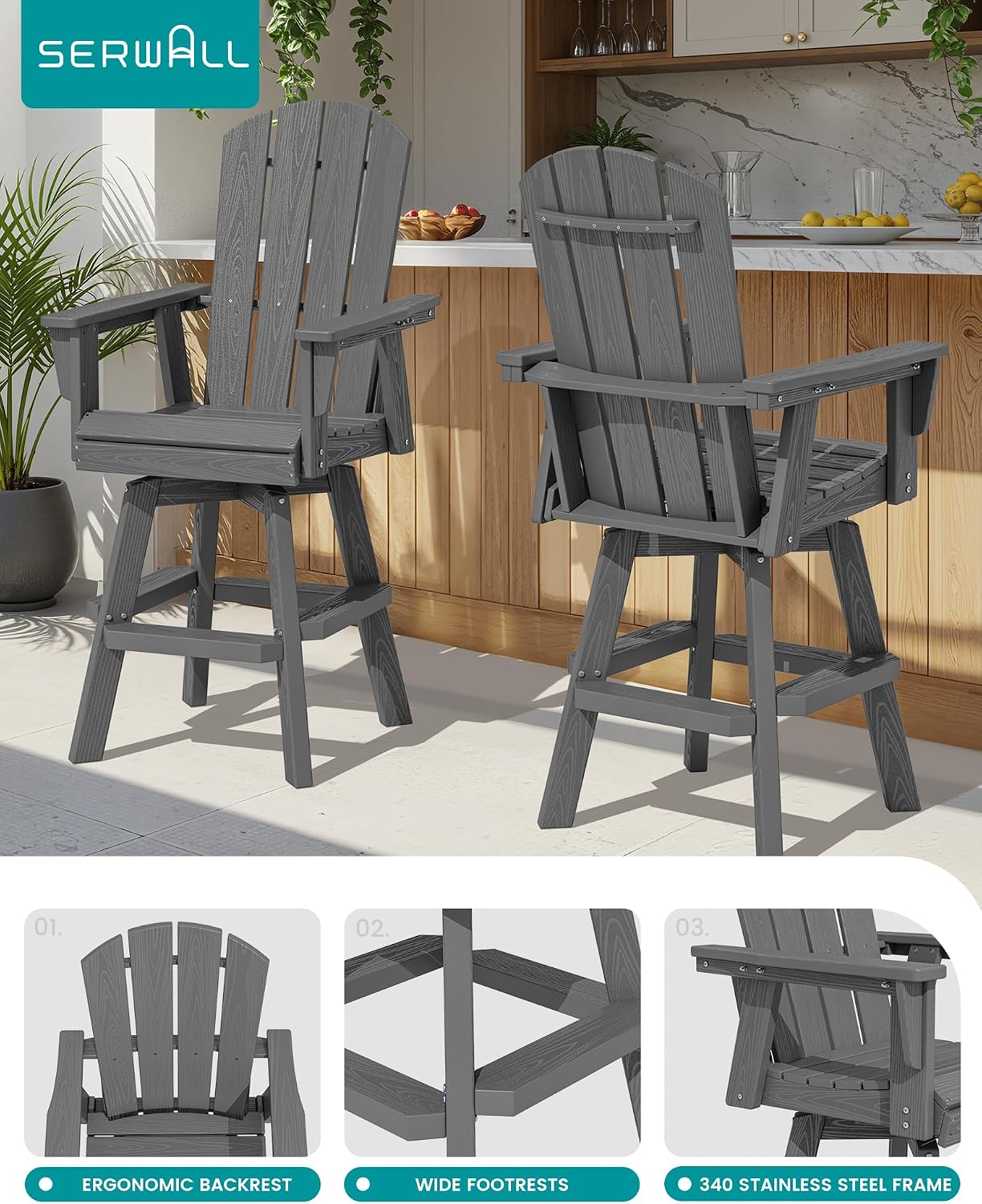 SERWALL Swivel Adirondack Barstools Set of 2, HDPE Outdoor Swivel Bar Chairs Set of 2 for Patio, Poolside, Garden, Grey