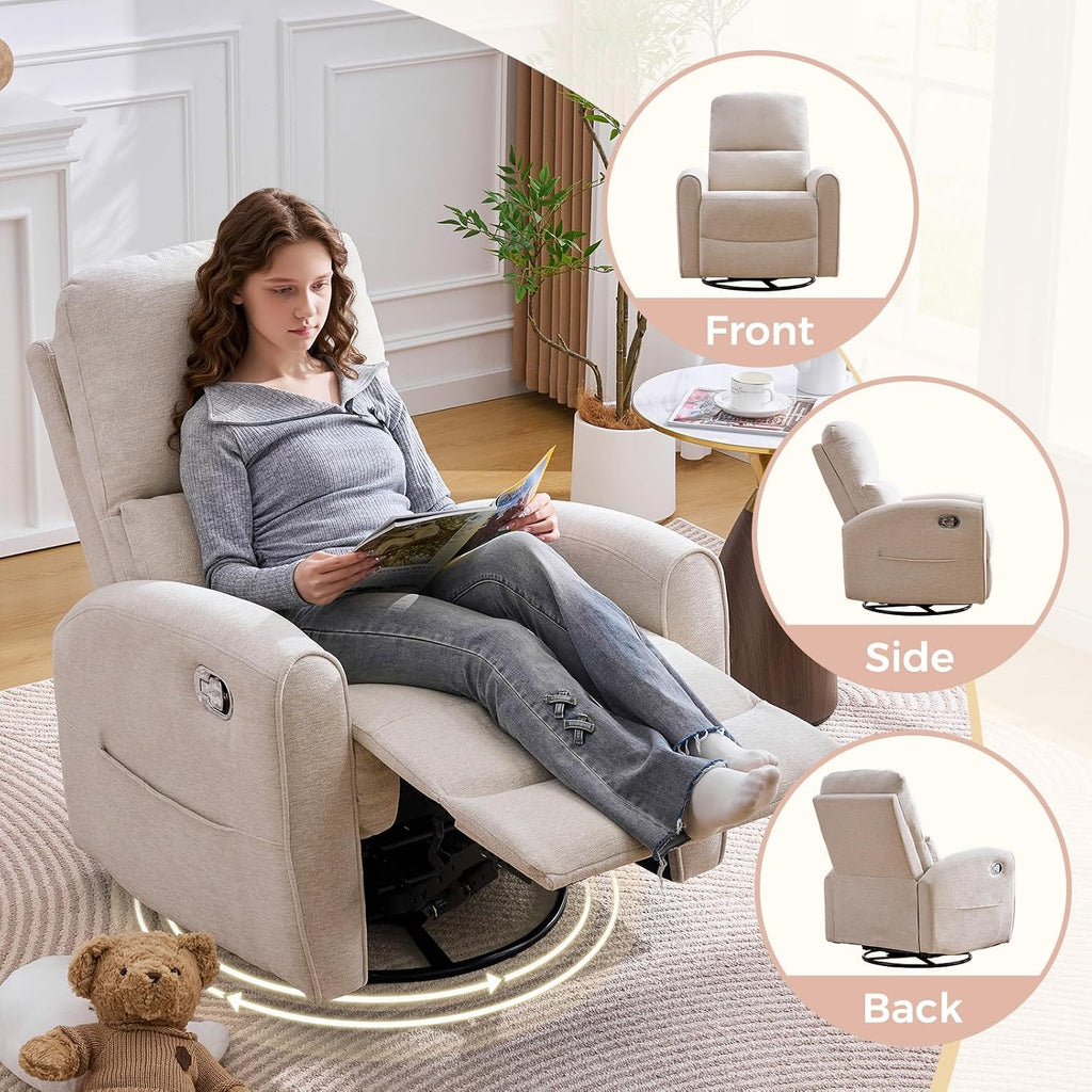 Swivel Rocker Recliner, Manual Swivel Glider Nursery Recliner Chair with Adjustable Headrest and Lumbar Support, Rocking Recling Chairs for Small Space, Living Room, Bedroom, Chenille Camel