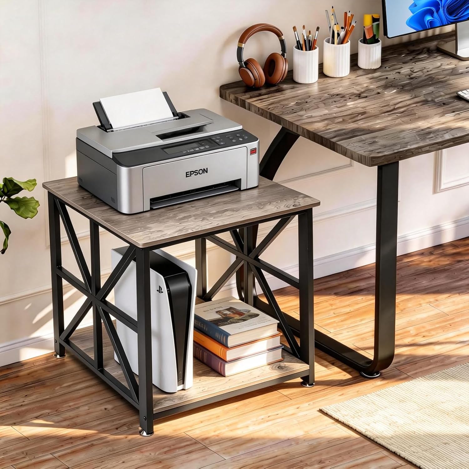 TooCust Square End Table with Storage Shelf, 24 inch Large Side Table with Rounded Corners, 2-Tier End Table Living Room, Upgraded X-Shaped Night Stand for Bedroom, Farmhouse Wood Table, Grey Wash