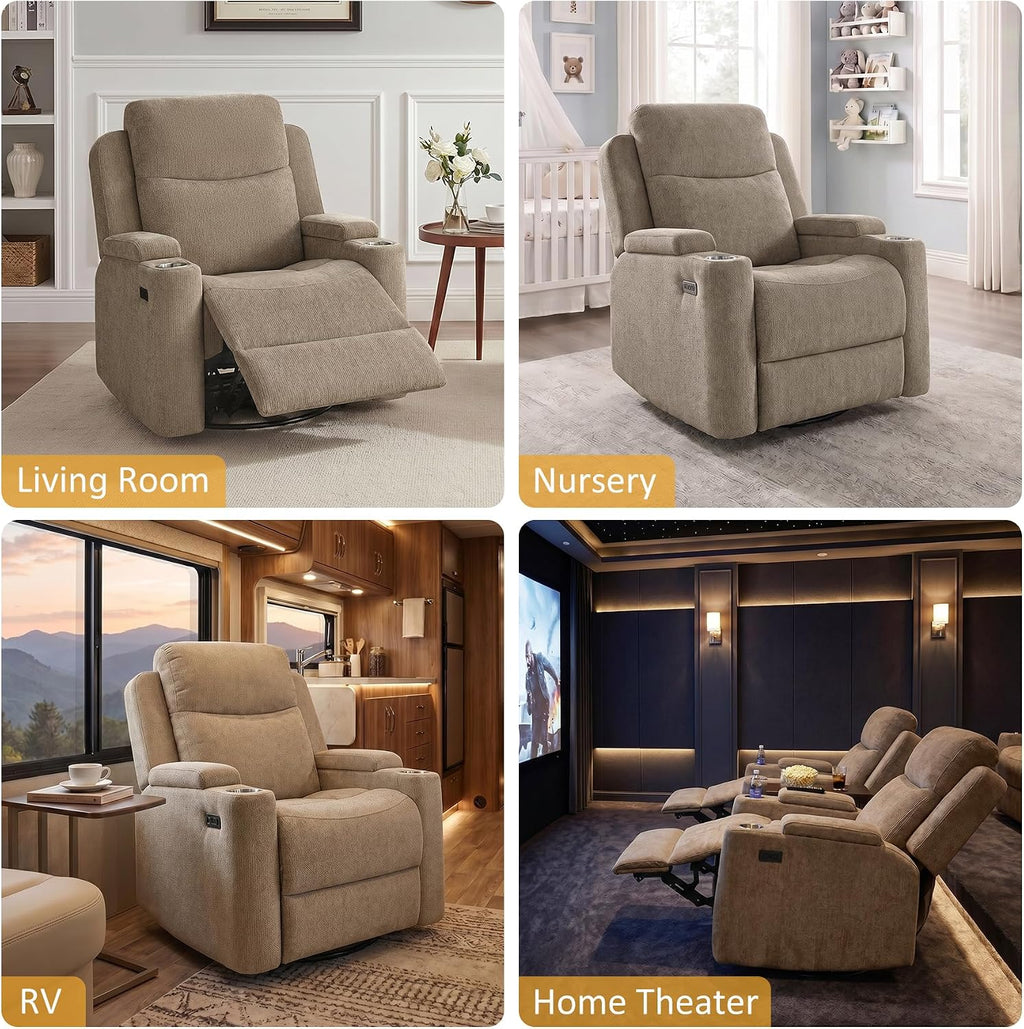 Oversized Nursery Rocking Chair Set of 2, 270° Swivel Glider Recliner Chair with USB & Type-C Ports, Cup Holders & Armrest Storage, Soft Chenille Nursery Chair for Living Room, Bedroom