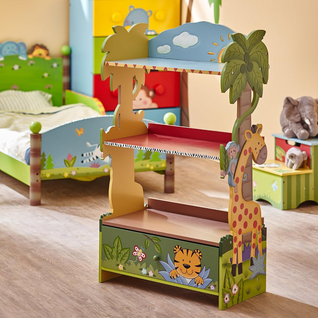 Fantasy Fields Sunny Safari Kids Wooden Bookshelf with Storage Drawers, Multicolor