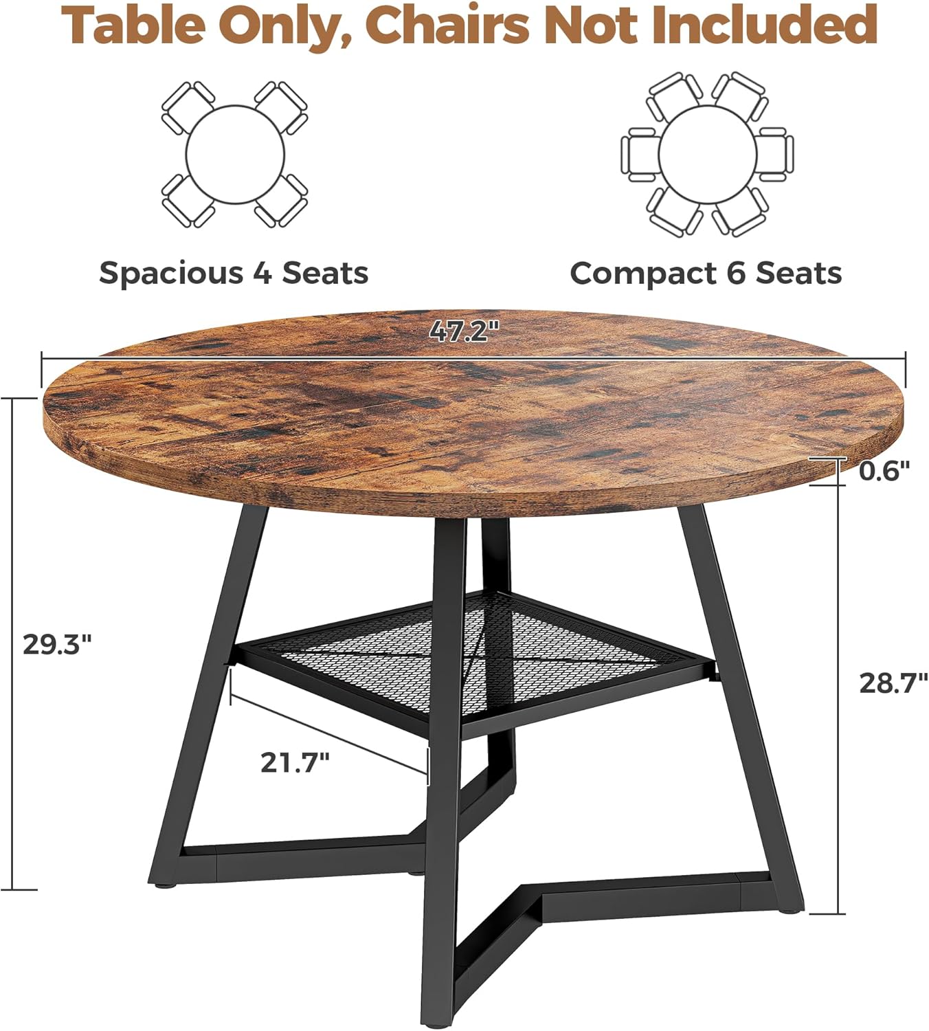 IRONCK 47.2" Round Dining Table for 4, Industrial Kitchen Table with Large Storage Shelf, Space Saving Wood Circle Dinner Table for Kitchen & Dining Room, Vintage