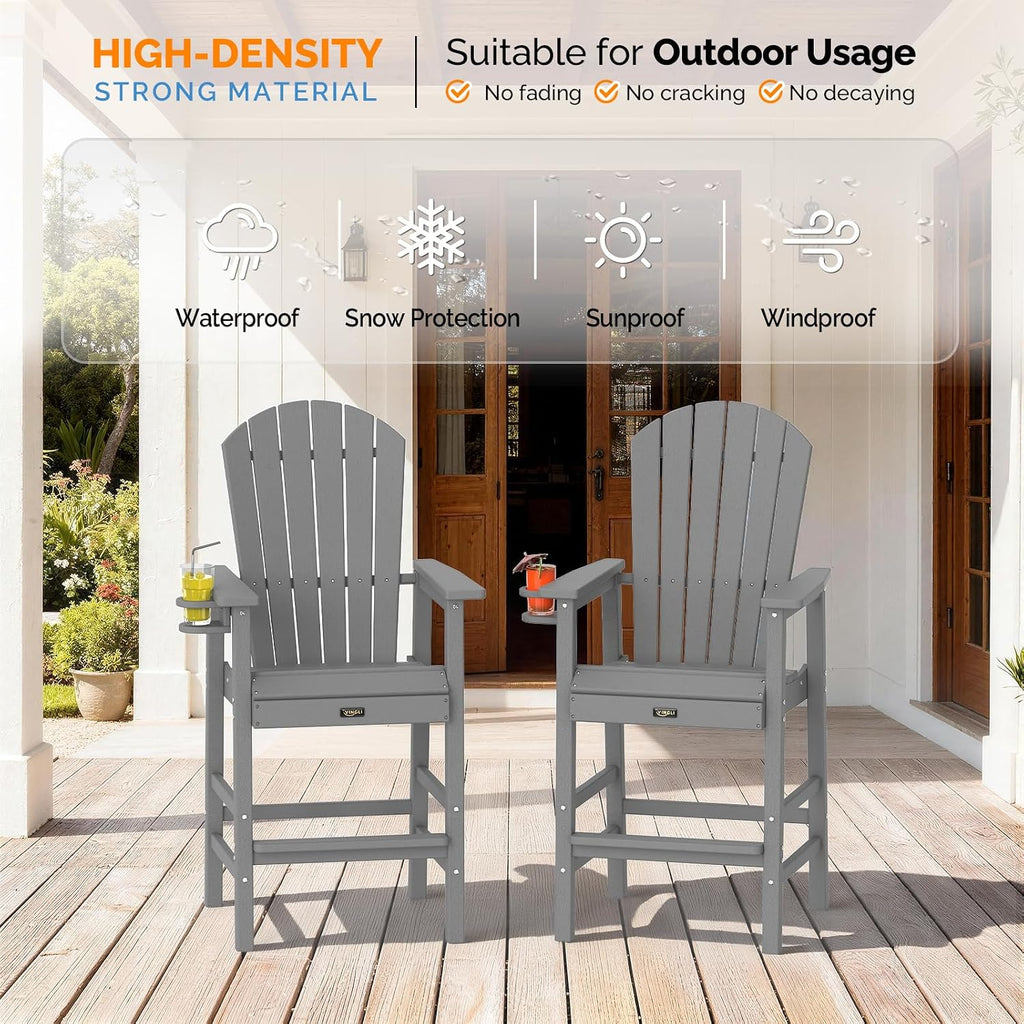 VINGLI Tall Adirondack Chair, All-Weather Plastic Adirondack Chair with Cup Holder Heavy-Duty Outdoor Barstools for Patio, Pool, Balcony,Backyard (Gray, 1 PCS)