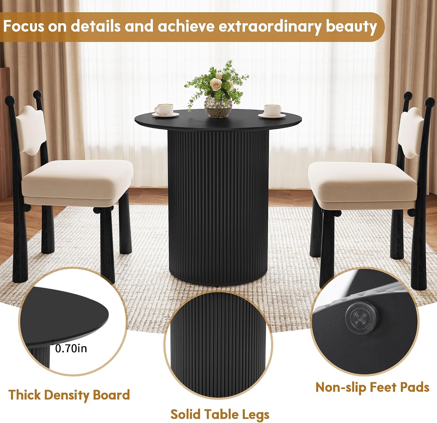 31.5 inch Round Dining Table for 2, Farmhouse Wood Fluted Dinner Round Kitchen Table with Wood Fluted Base, Mid-Century Modern Small Circle Dining Room Ta ble for Kitchen Living Room (Black)