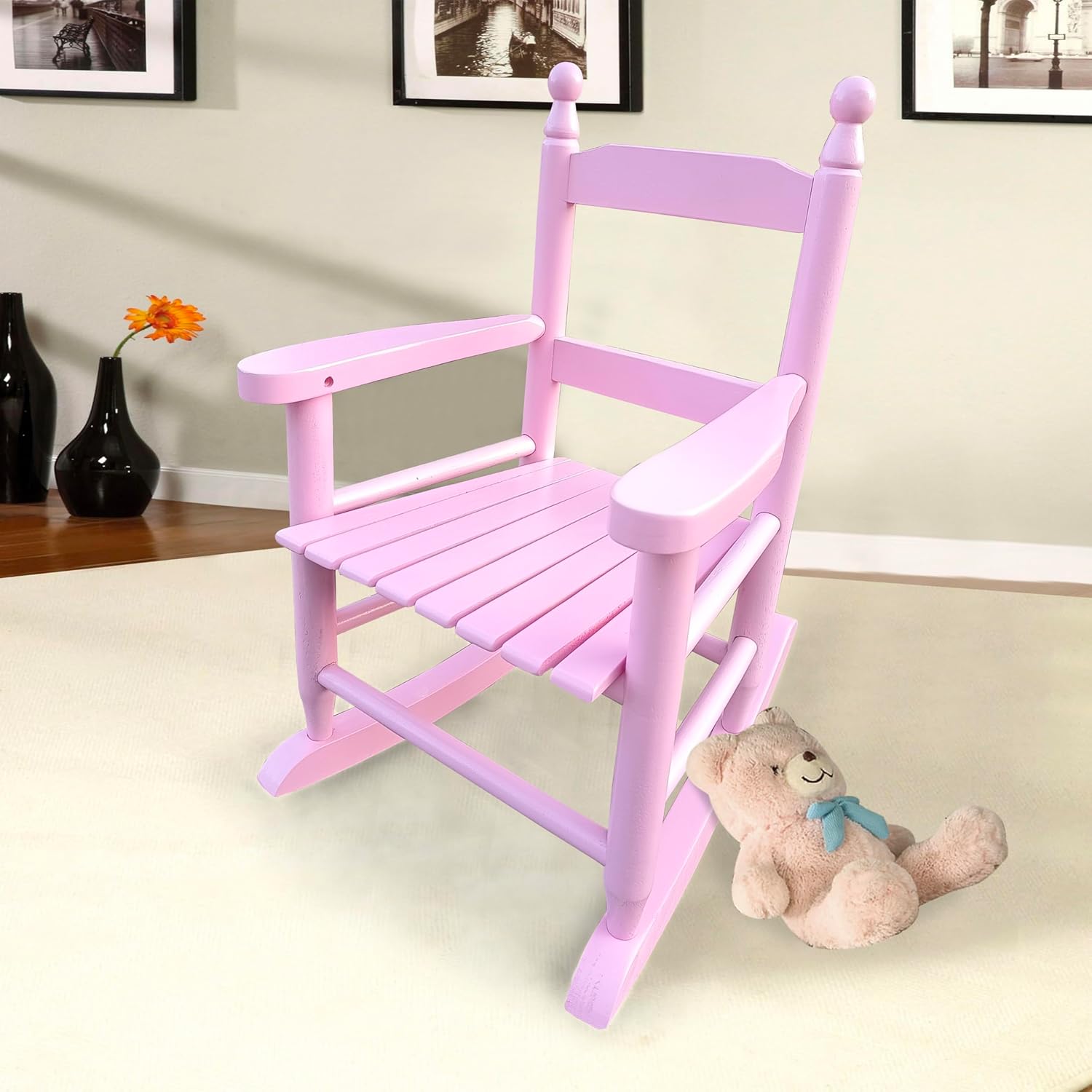 Kids Rocking Chair Pink Wood Kids' Rocking Chairs Outdoor Childs/Toddler/Childrens Porch Rocker Chair Accent Rocker for Ages 2-8 Living Room,Bedroom,Balconies, Porches,Children's Rooms