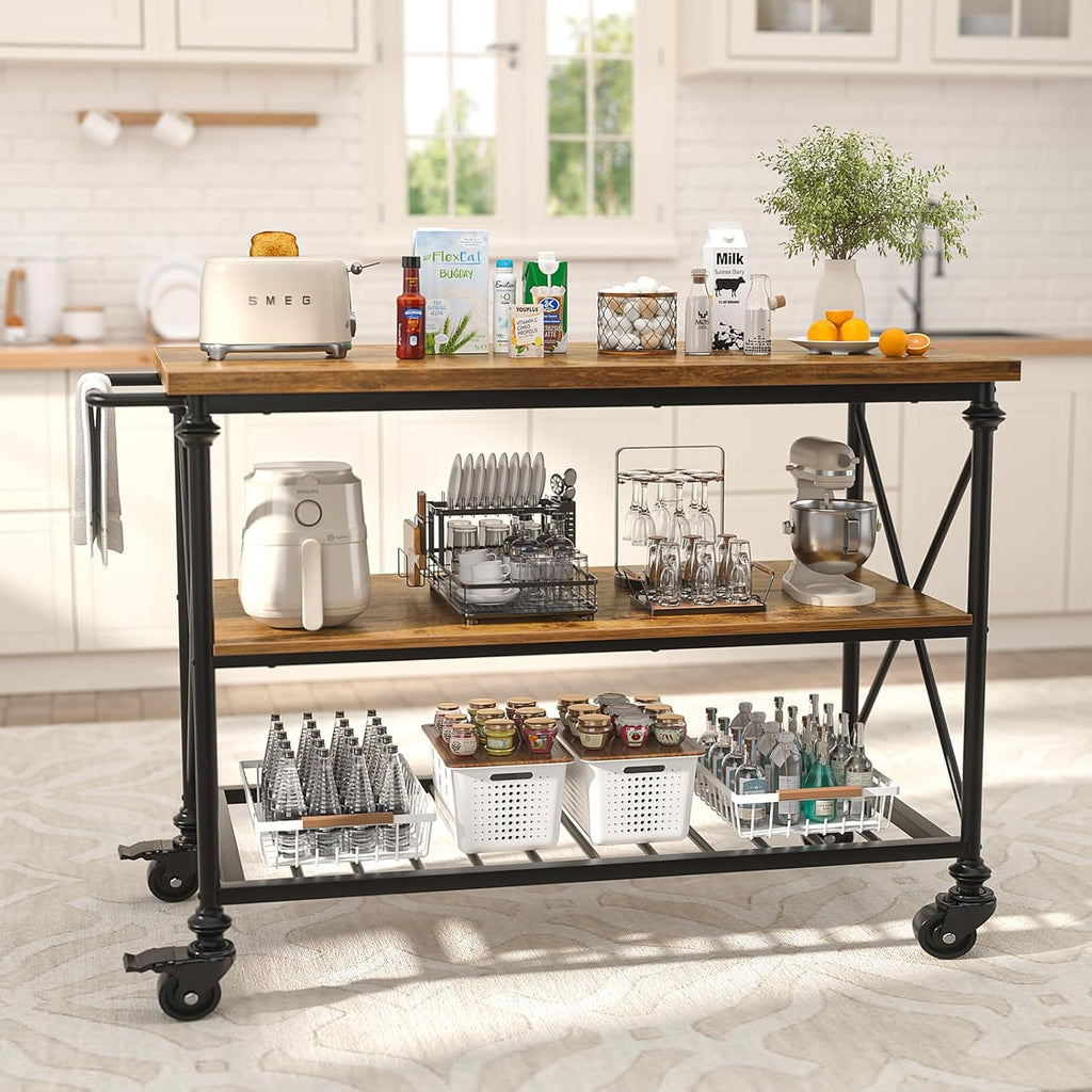 Homieasy Kitchen Island Cart with Wheels, 3-Tier Wood and Metal Rolling Kitchen Island Table with Pipe Legs, Storage Shelves & Lockable Casters for Kitchen Dining Room, Rustic Brown