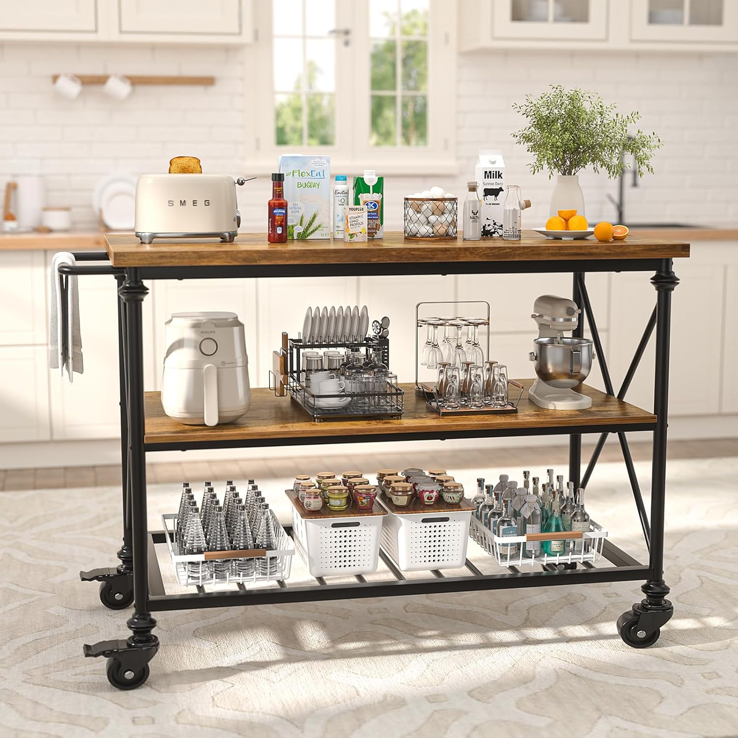 Homieasy Kitchen Island Cart with Wheels, 3-Tier Wood and Metal Rolling Kitchen Island Table with Pipe Legs, Storage Shelves & Lockable Casters for Kitchen Dining Room, Rustic Brown