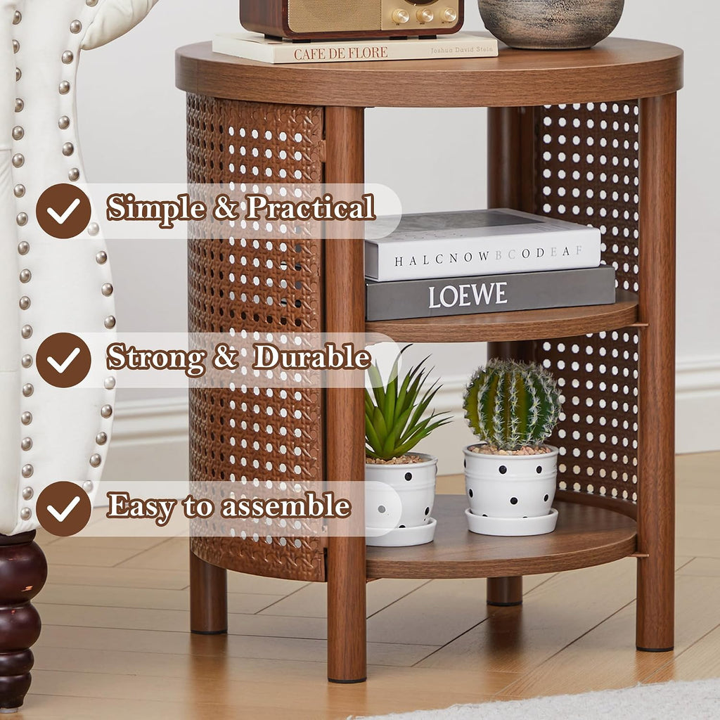Small Round Side Set of 2, 16" Mid-Century Farmhouse End Table with Iron Rattan for Sofa Couch, Wood Storage Shelf + Metal Frame Nightstand for Bedroom, Living Room, Entryway (Walnut)