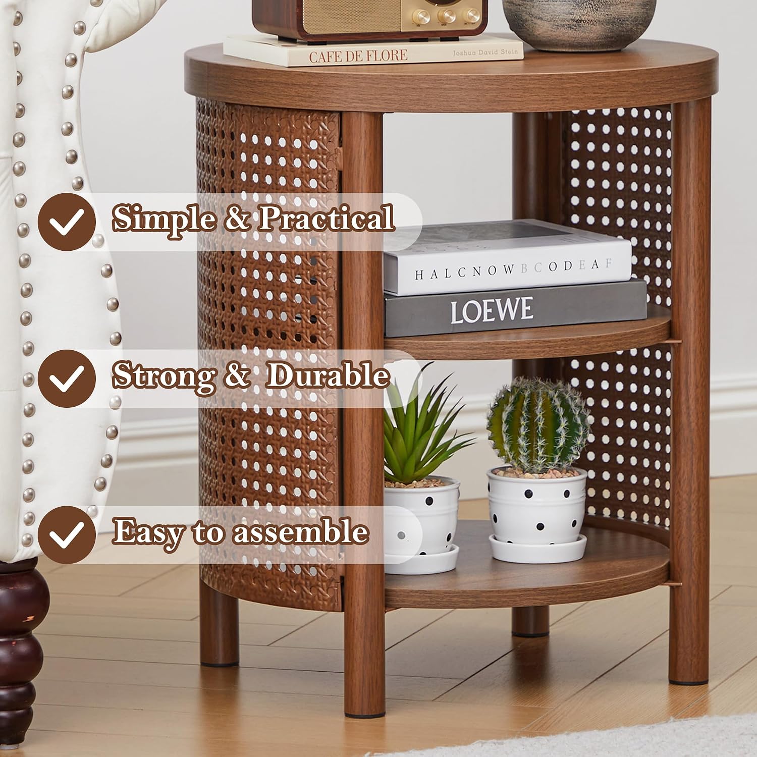 Small Round Side Set of 2, 16" Mid-Century Farmhouse End Table with Iron Rattan for Sofa Couch, Wood Storage Shelf + Metal Frame Nightstand for Bedroom, Living Room, Entryway (Walnut)