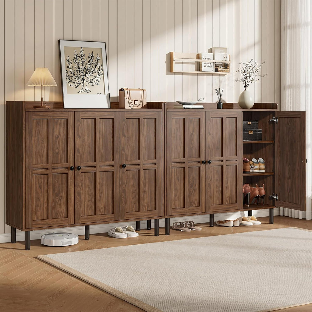 ONBRILL Shoe Cabinet with 3 Doors and Adjustable Shelves, 30 Pairs Shoe Storage Cabinet, 40 Inch Tall Farmhouse Shoe Rack Shoe Organizer Cabinet for Entryway Living Room Closet, Walnut