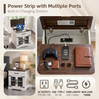 Farmhouse End Table Set of 2 with Charging Station,24'' Side Table with Drawer and Door for Living Room,Rustic Wooden Square Nightstand for Bedroom,Bedside Table with Storage for Home, Off White