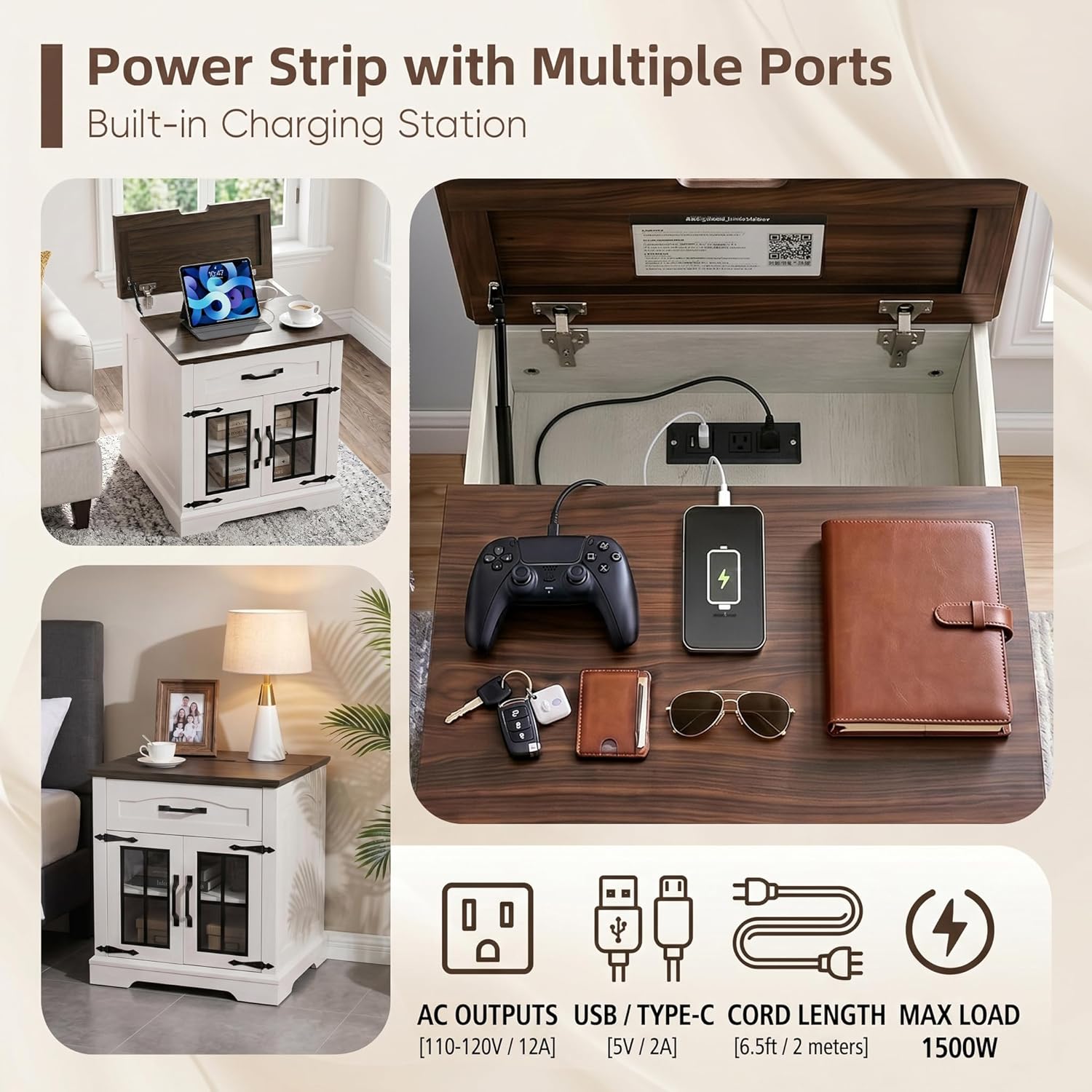 Farmhouse End Table Set of 2 with Charging Station,24'' Side Table with Drawer and Door for Living Room,Rustic Wooden Square Nightstand for Bedroom,Bedside Table with Storage for Home, Off White