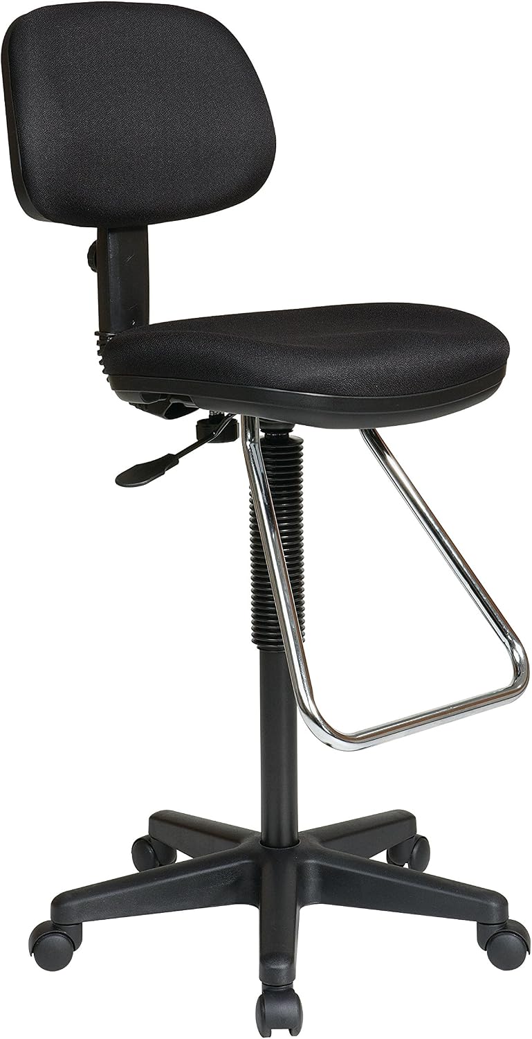 Office Star DC Series Pneumatic Adjustable Drafting Chair with Chrome Teardrop Footrest, Icon Black Fabric