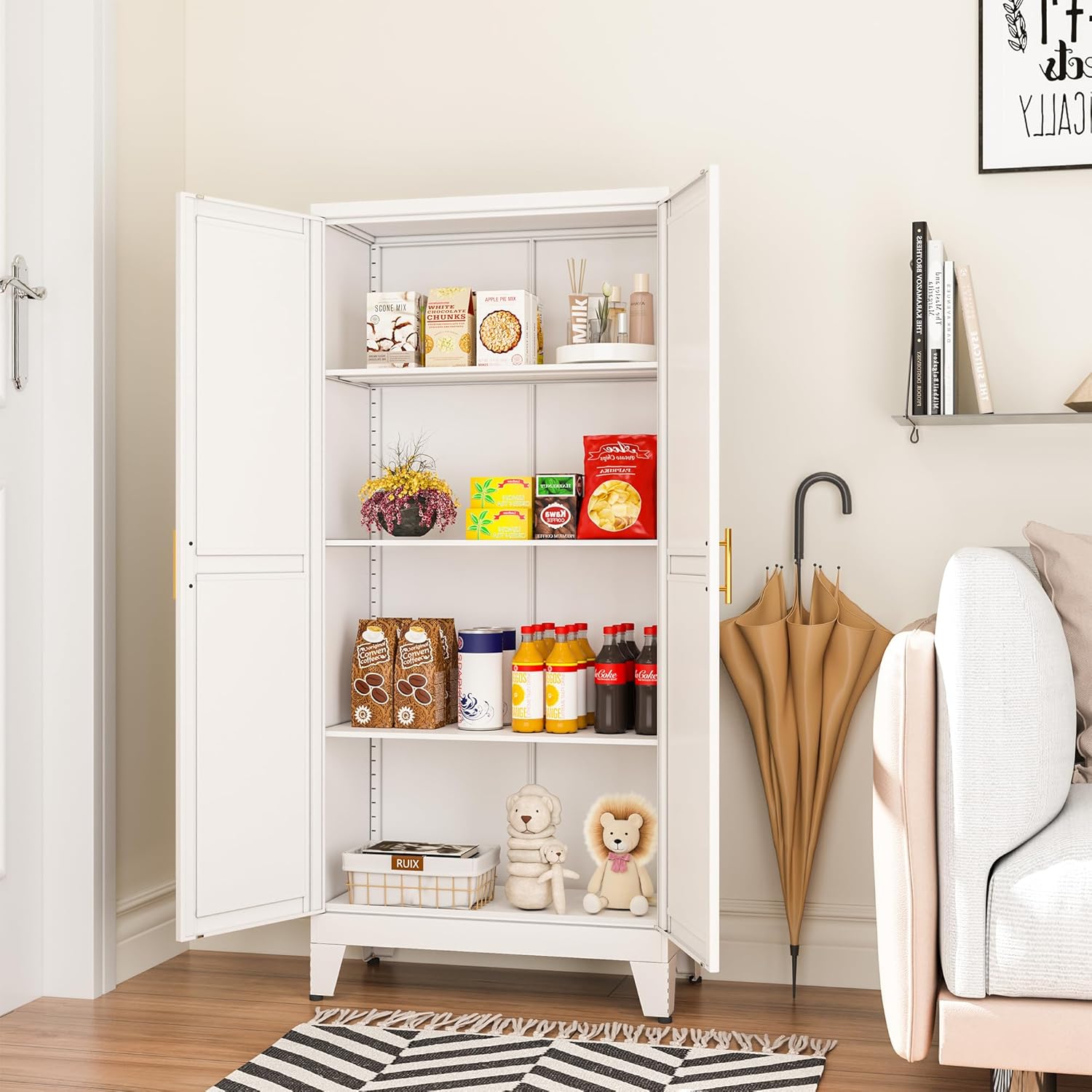 erosoei Metal Pantry Storage Cabinet, Kitchen Storage Cabinets with Adjustable Feet and Shelves, Metal Pantry Cabinet for Kitchen, Living Room, Laundry Room and Dinning Room (2door-White)