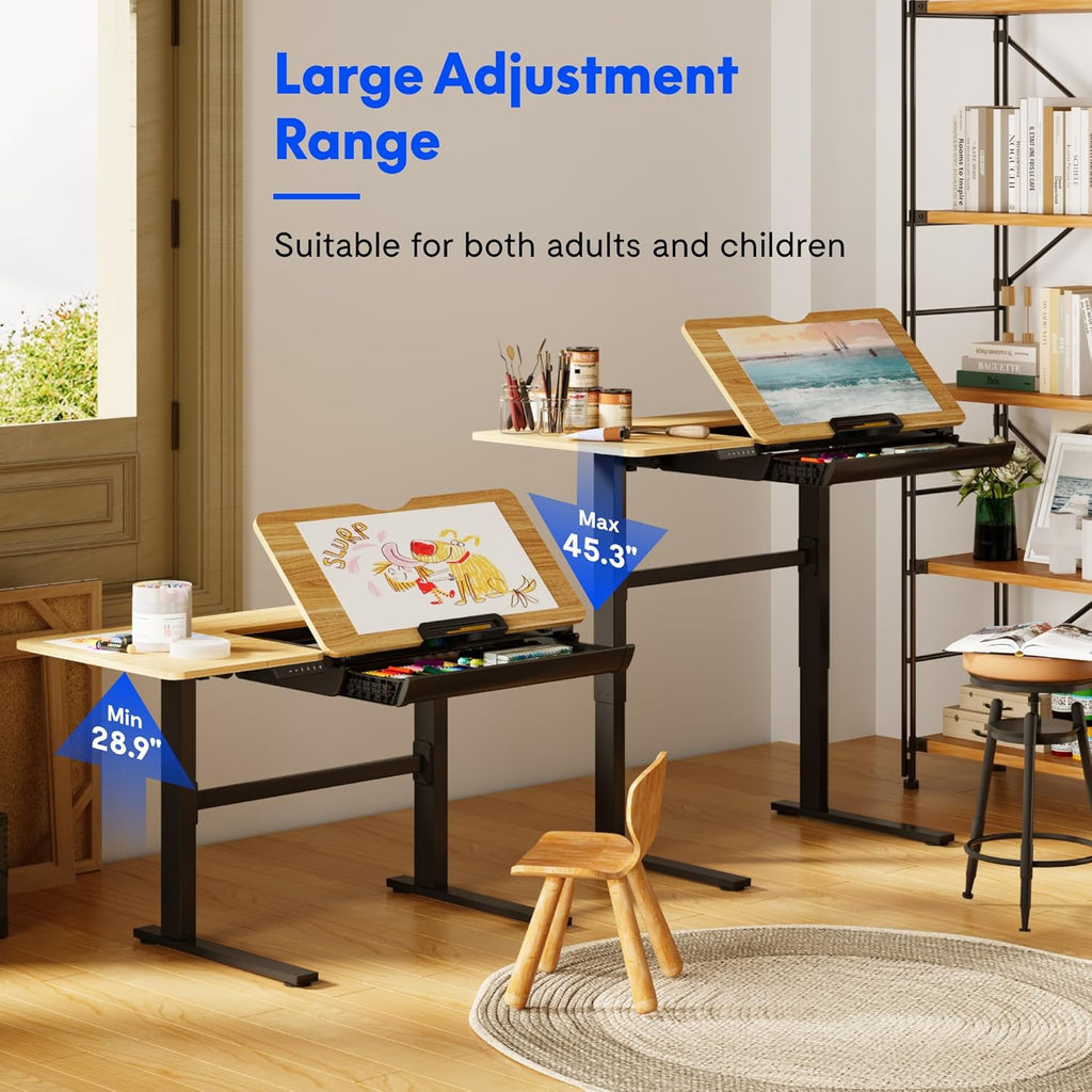 FLEXISPOT Electric Drafting Table Adjustable Height 47.2"x23.6" Standing Drawing Desk Extendable Top Craft Workstation w/Tilting Tabletop, Storage Drawer for Study, Office, Studio, Art, Adult & Kid
