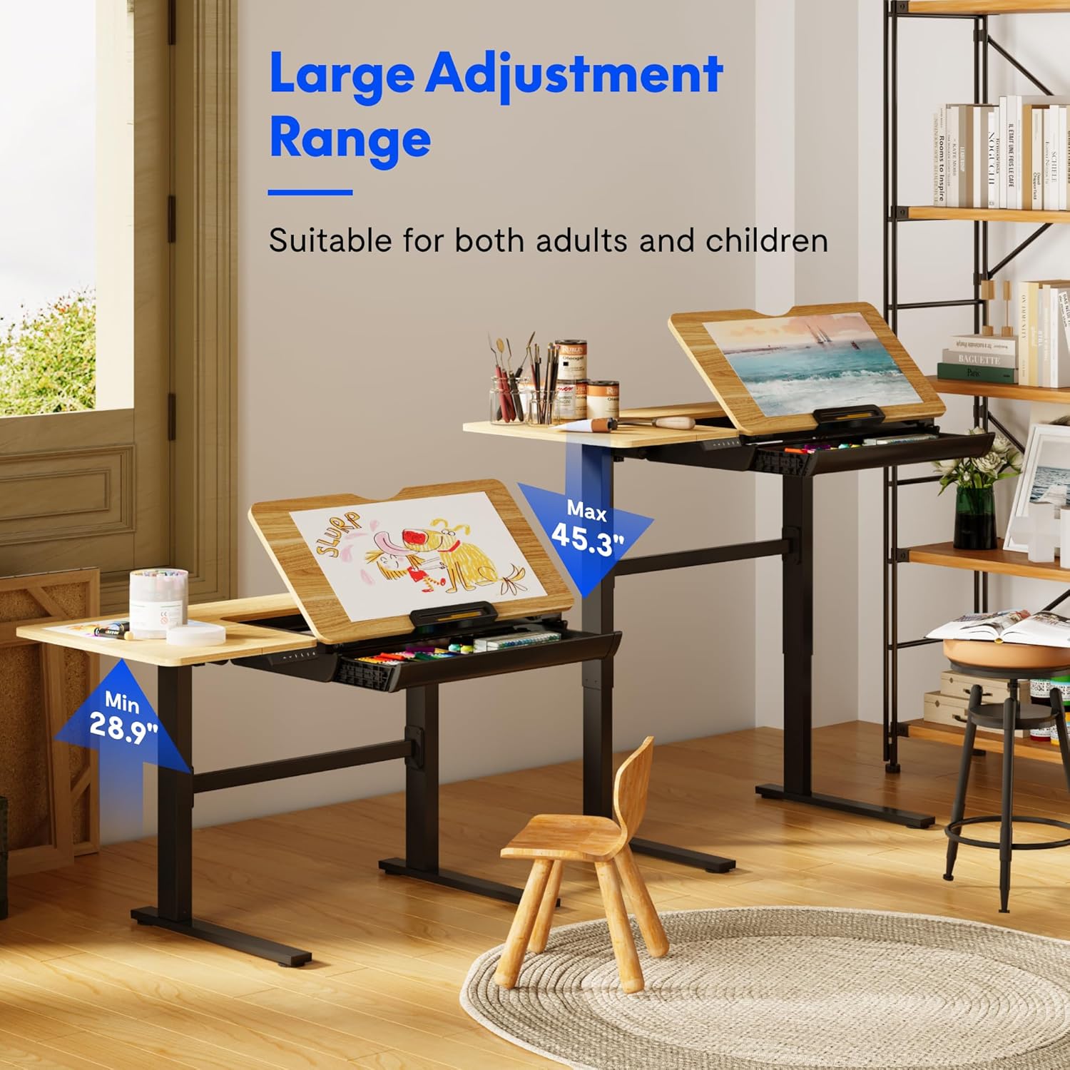 FLEXISPOT Electric Drafting Table Adjustable Height 47.2"x23.6" Standing Drawing Desk Extendable Top Craft Workstation w/Tilting Tabletop, Storage Drawer for Study, Office, Studio, Art, Adult & Kid
