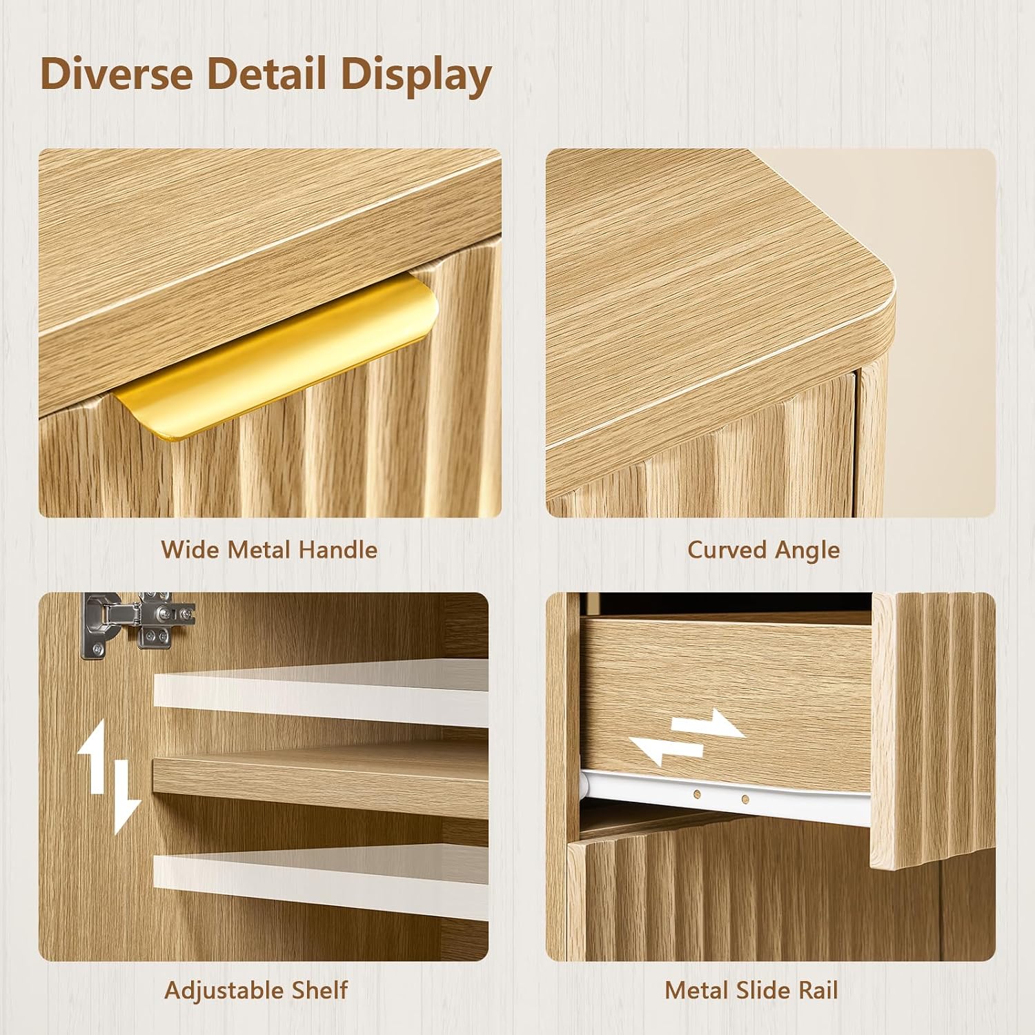Fluted Buffet Cabinet with Storage, 31.5" Sideboard Cabinet, Coffee Bar Cabinet with 2 Doors and Adjustable Shelf for Living Room, Kitchen, Entryway, Natural