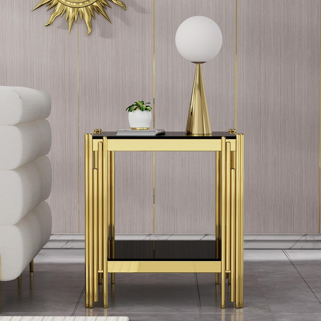 Modern Square End Table Black Glass Sofa Side Table with Gold Stainless Steel Base, Luxury 2-Tier Small Accent Tables with Glass Top & Lower Shelf for Living Room Apartment
