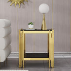 Modern Square End Table Black Glass Sofa Side Table with Gold Stainless Steel Base, Luxury 2-Tier Small Accent Tables with Glass Top & Lower Shelf for Living Room Apartment