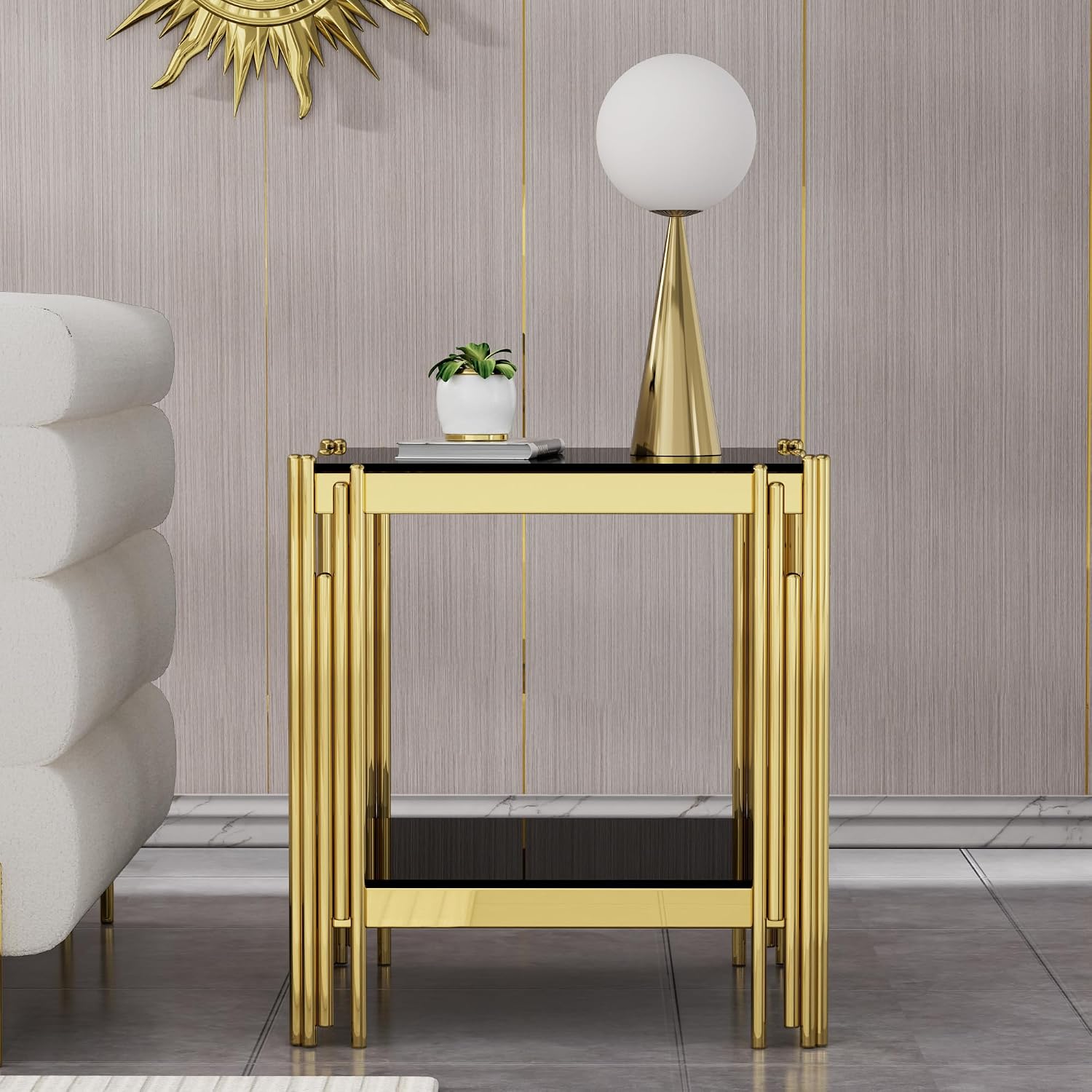 Modern Square End Table Black Glass Sofa Side Table with Gold Stainless Steel Base, Luxury 2-Tier Small Accent Tables with Glass Top & Lower Shelf for Living Room Apartment