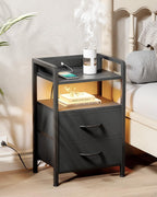 Lazzanto Nightstand with Rear Charging Station, LED Light, 2 Drawers, Black | Industrial Nightstand, 2 USB-A Ports & AC Outlets, Raised Back Guard, Fabric Storage Drawers, Bedside Table for Bedroom, Dorm