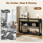 Hoctieon Rattan Console Table with 2 Drawers, 3-Tier Boho Woven Entryway Table with Back Panel and Open Storage Shelf, 40" Wood Narrow Long Sofa Tables for Hallway, Foyer, Living Room, Black