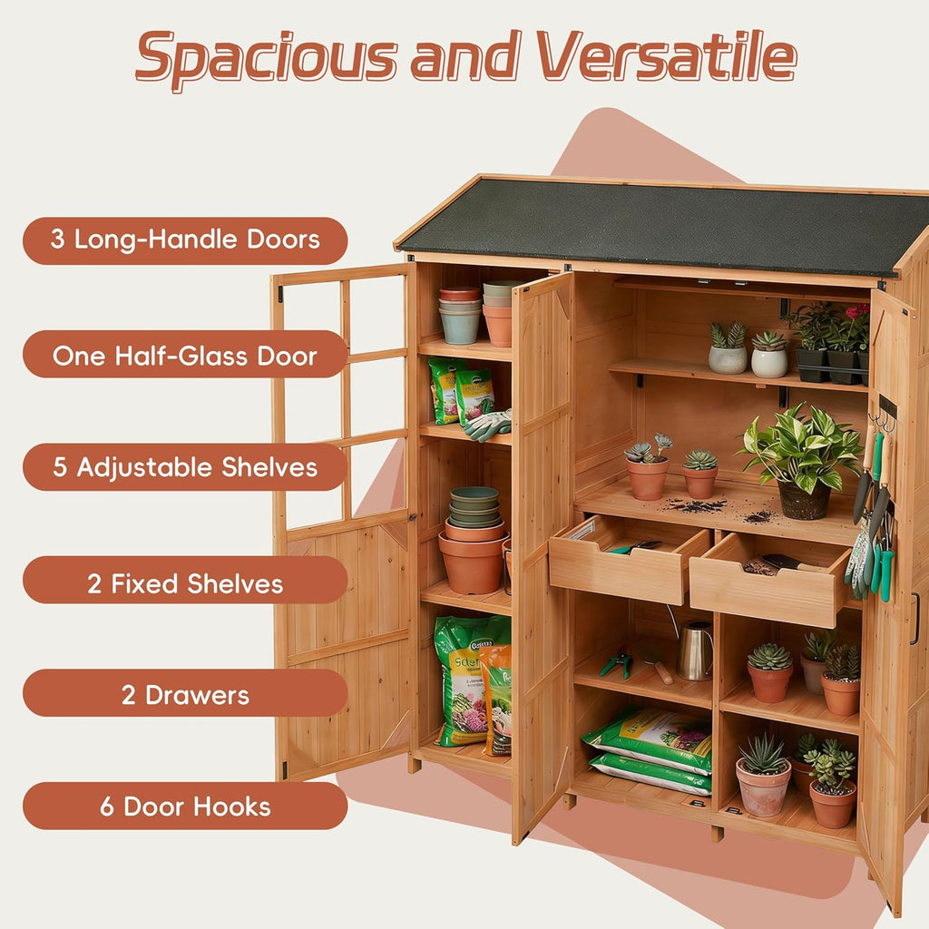 Merax Potting Bench with Waterproof Roof, Patio Garden Shed with 3 Doors Storage Cabinet with Workstation, 7 Storage Shelves, 2 Drawers and 6 Hooks for Backyard, Natural