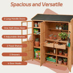 Merax Potting Bench with Waterproof Roof, Patio Garden Shed with 3 Doors Storage Cabinet with Workstation, 7 Storage Shelves, 2 Drawers and 6 Hooks for Backyard, Natural