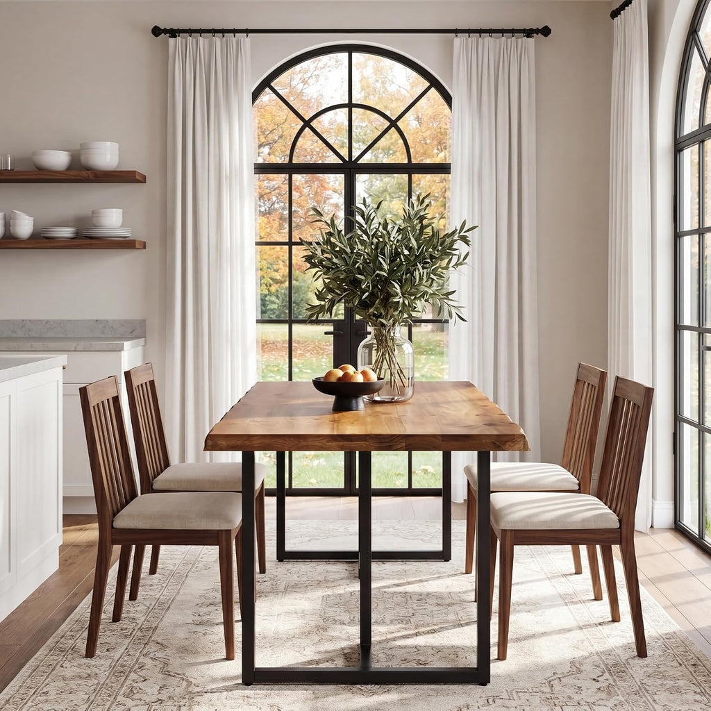 63" Solid Wood Dining Table for 4–6, Rectangular Kitchen & Dining Room Table with Live-Edge Inspired Top, Industrial Dining Table with Heavy-Duty Metal Frame