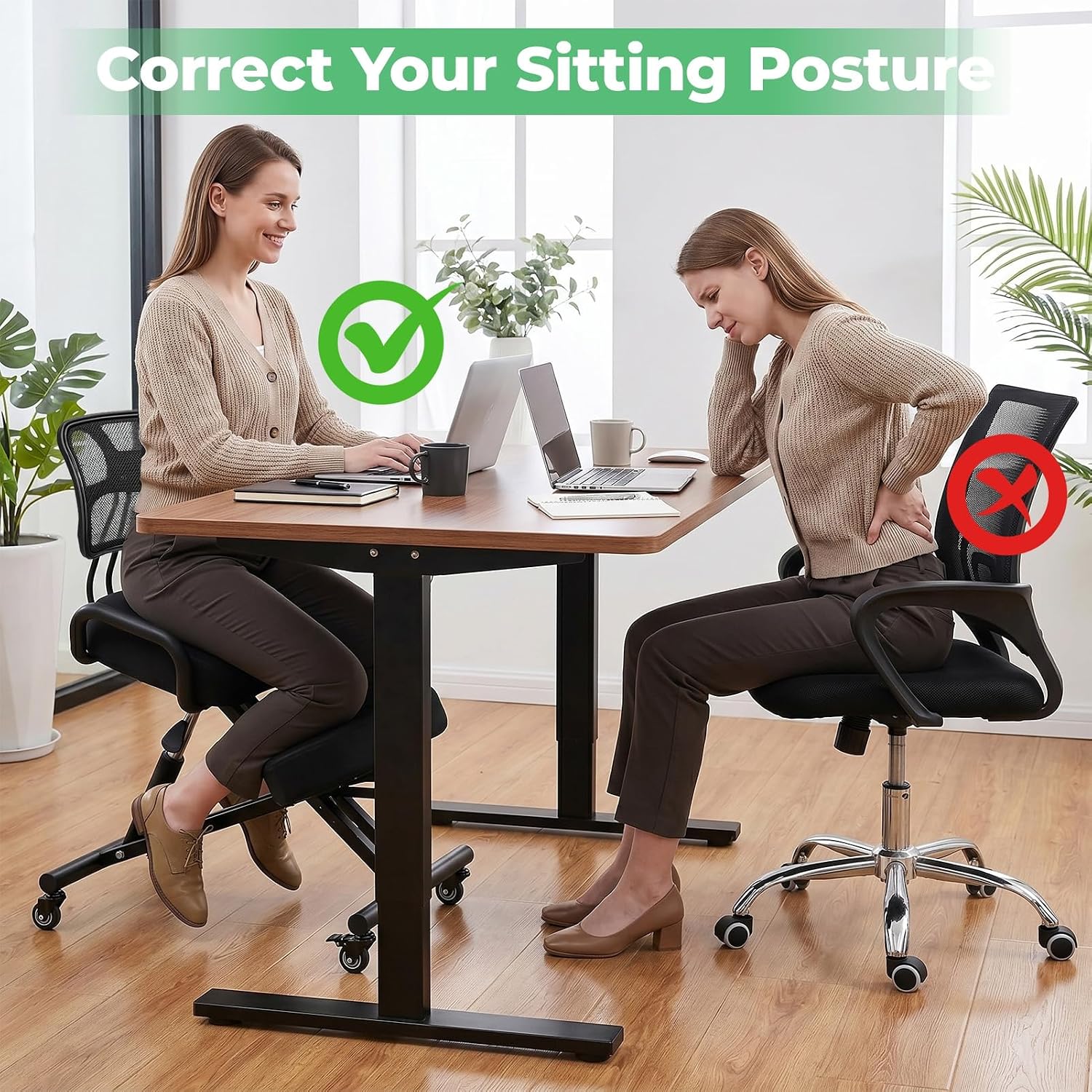 Ergonomic Kneeling Chair for Home and Office, Height Adjustable Cross Legged Office Chair with Back Support, Brake Casters, Thick Cushions for Desk to Relieve Back Discomfort Black