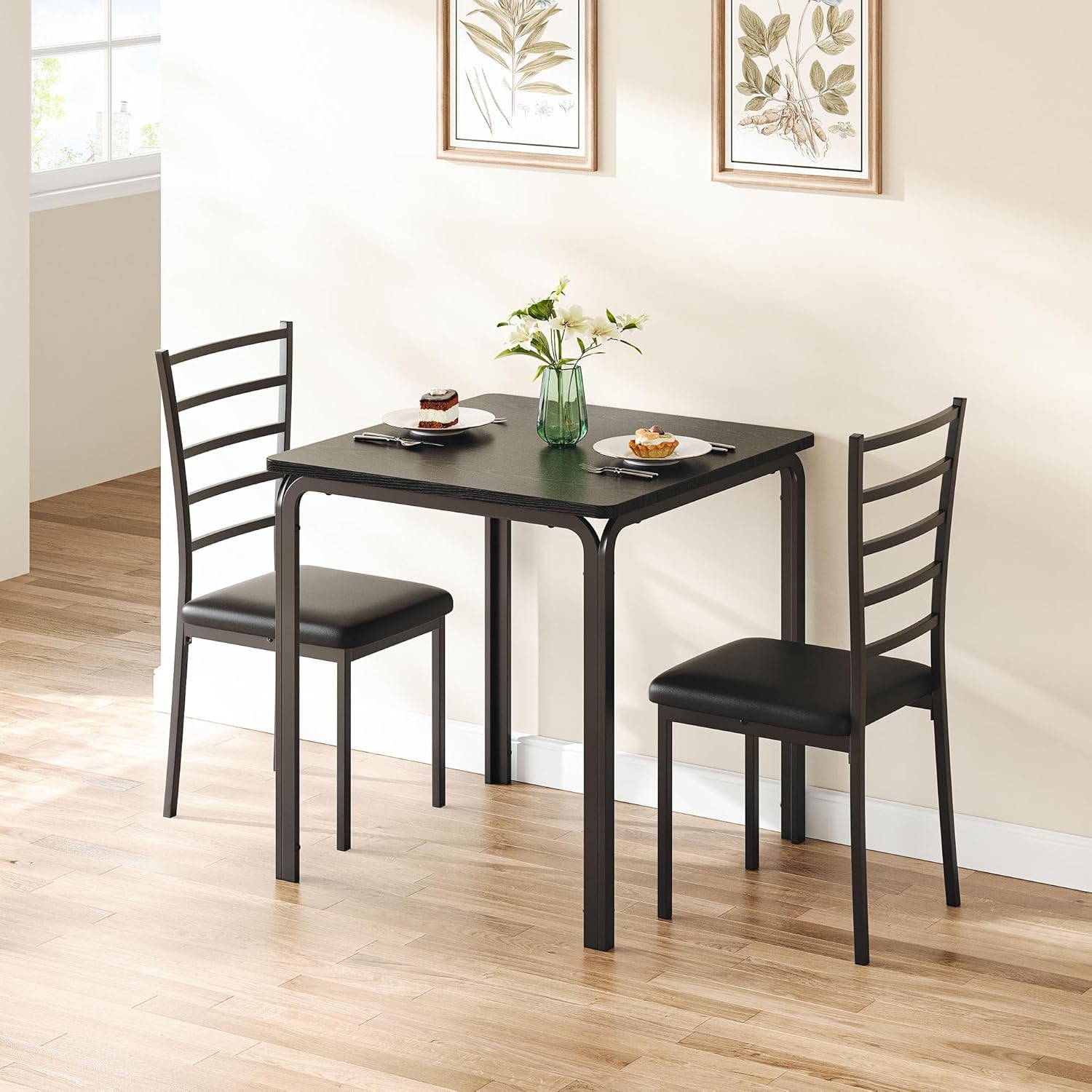 GarveeHome 3-Piece Kitchen Dining Room Table Chair Set for Small Space, Indoor Modern Dinette Set for 2, Square Dinner Table Set for Dinette (Black, Dining Table with 2 Chairs)