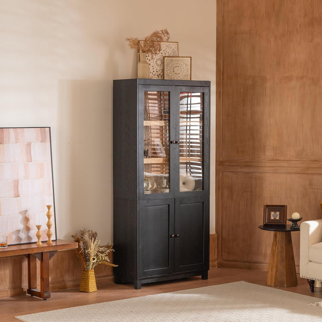 LUMISOL 74.5" Tall Kitchen Pantry Cabinet with Glass Doors & Adjustable Shelves, Ash Wood Grain Display Cabinet with Storage, Modern Bookshelf for Living Room Dining Room Office, Black