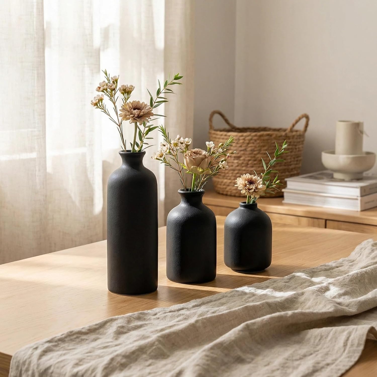 Small Ceramic Vase Set of 3, Boho Home Decor Vases for Dried Flowers,Farmhouse,Shelf,Bathroom,Centerpiece for Entryway Table Decoration Gifts