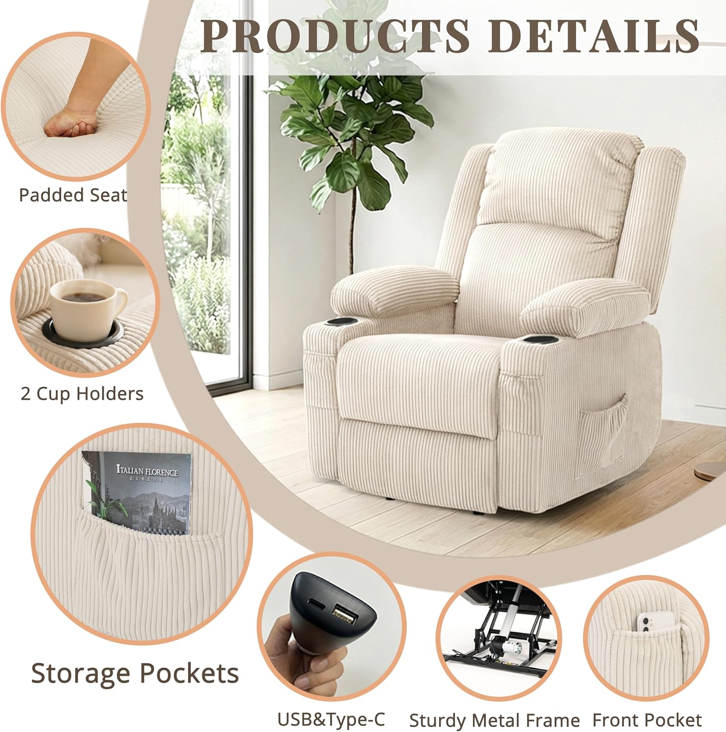 Heavy Duty Power Lift Recliner Chair for Elderly, 400lbs Capacity Massage and Heat Recliner, Soft Corduroy 160° Reclining Electric Stand Up Chair, USB & Type-C, Memory Foam, Cup Holders