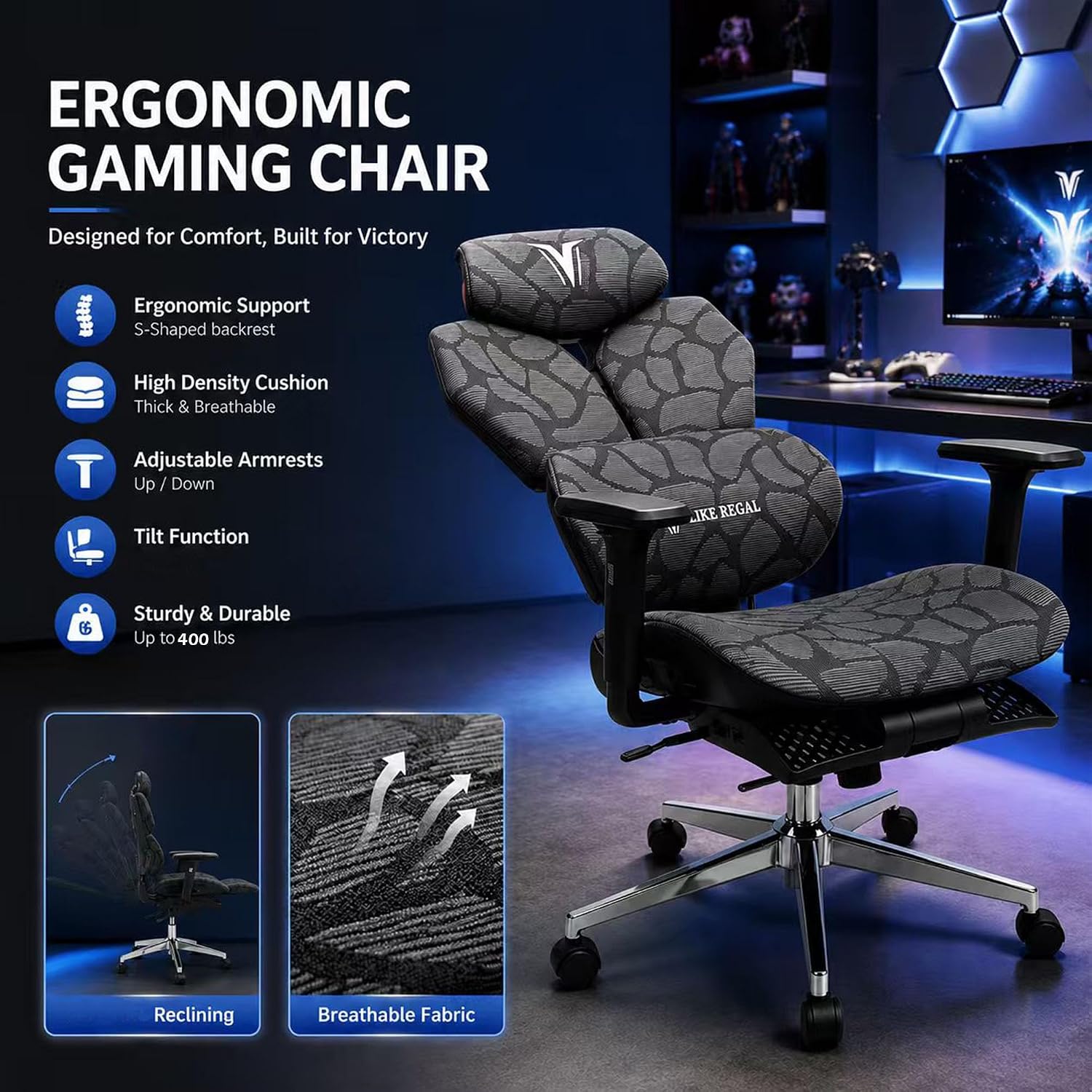 Gaming Chair,Office Desk Chair,Video Gaming Chairs for Home Office | Ergonomic,with High Back Mesh and Adjustable Lumbar,with Footrest,load-bearing capacity of 400 lbs,3D Rotating Headrest