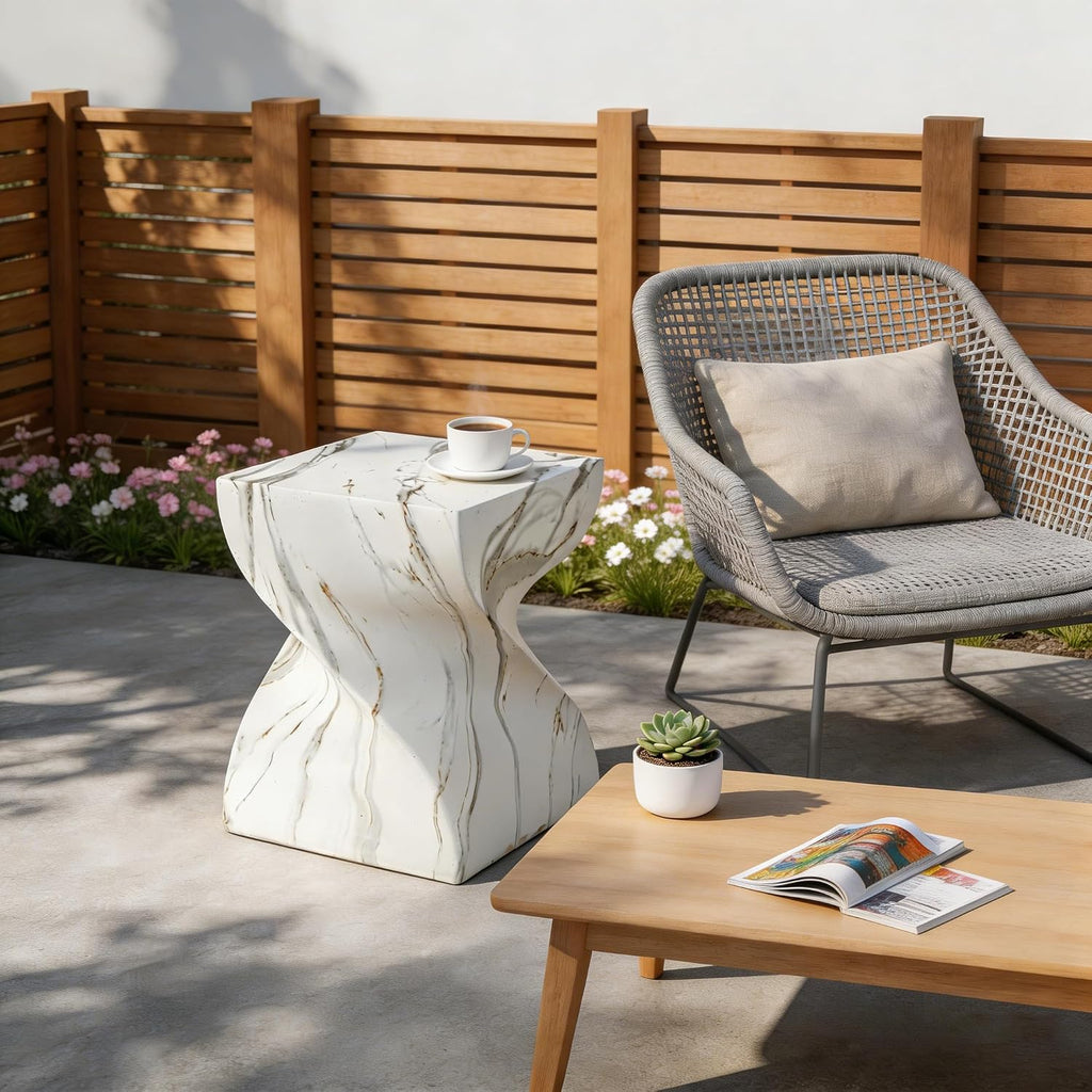 14.4" Round Stone Side Table, Outdoor Patio End Table, Faux Marble Accent Table, Weather Resistant Garden Stool Table, Modern Small Side Table for Indoor Outdoor Living Room Patio
