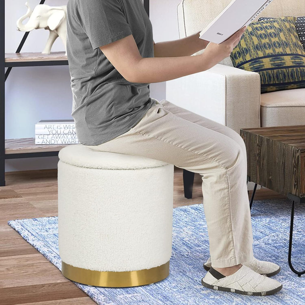 Joveco Boucle Round Ottoman with Storage,Vanity Stool with Storage for Bedroom, Ottoman Coffee Table,Small Boucle Foot Stool for Living Room, White with Gold Plating Base