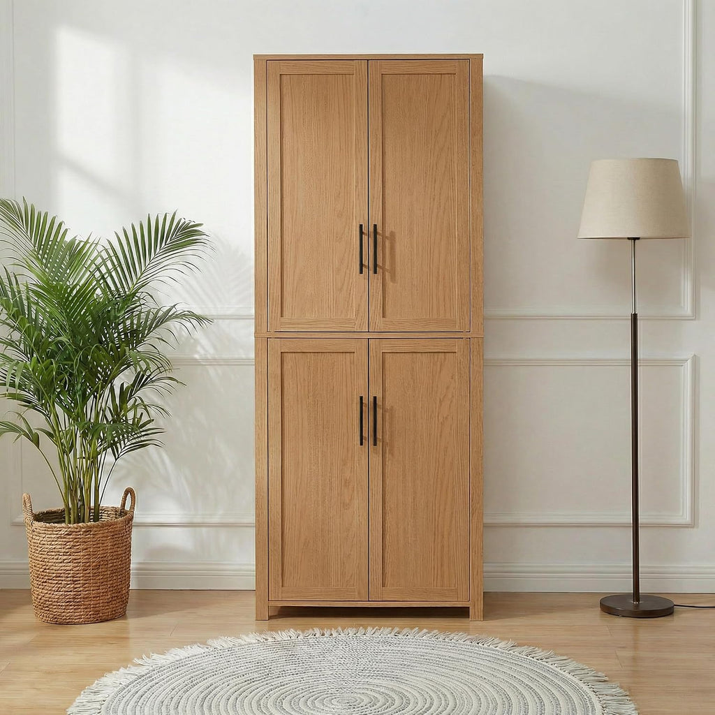67" Tall Kitchen Pantry Cabinet, 28" W Storage Cabinet for Kitchen | 67" x 28" x 15" size, 4 adjustable shelves, engineered wood, anti-tip compatible, Shaker doors, Oak