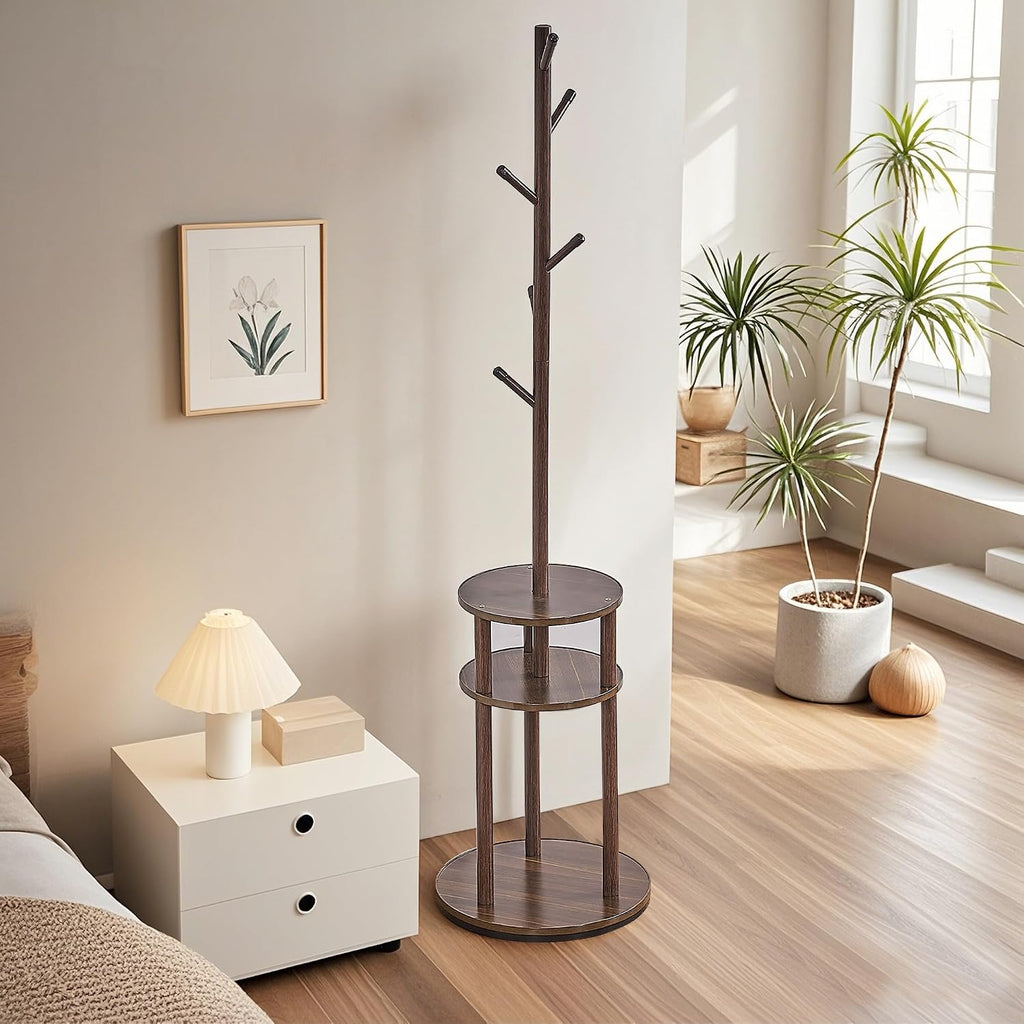 VECELO Coat Rack Freestanding, Entryway Hanger Stand, Umbrella Holder, Hall Tree With Hooks, Floor Standing Tree Stand,Walnut