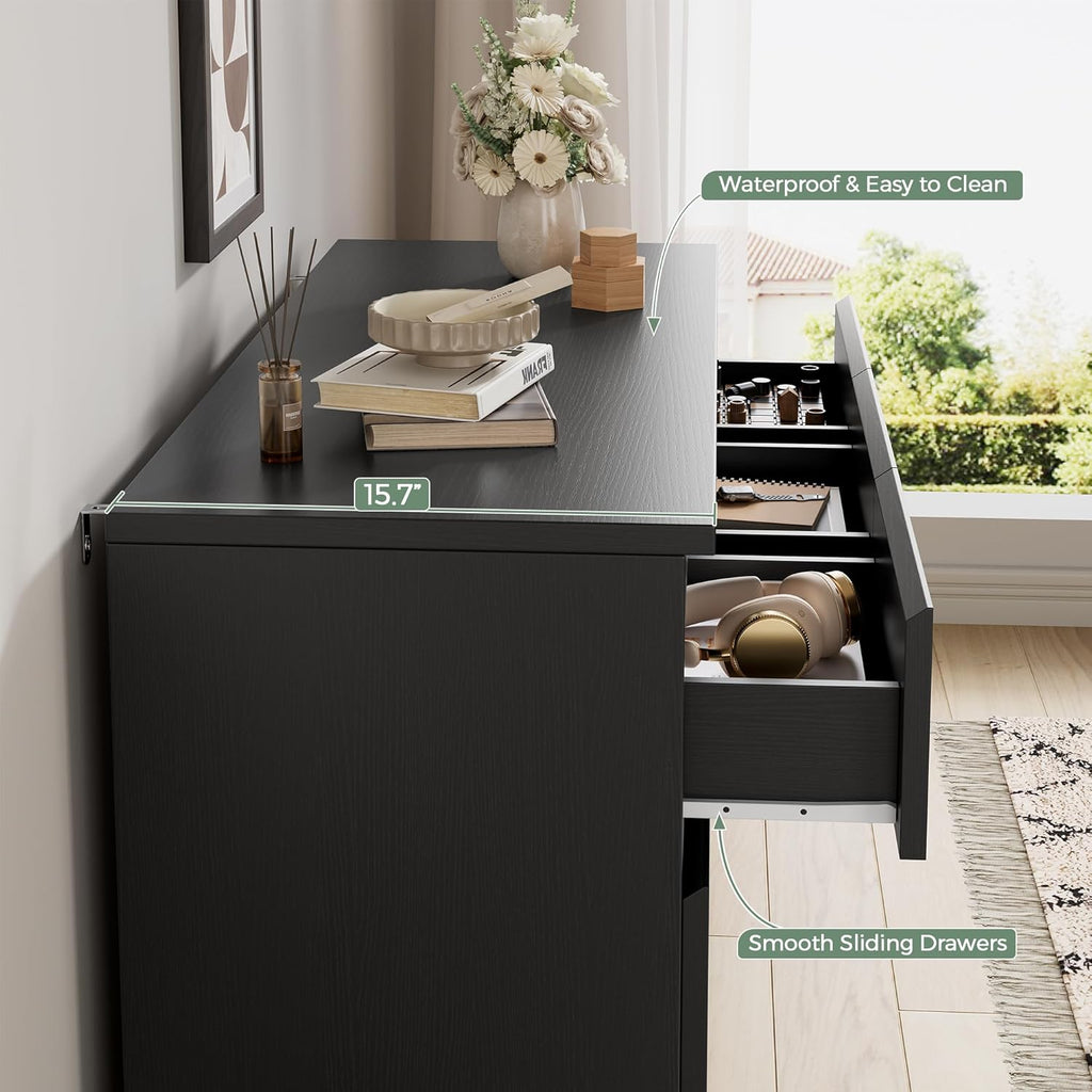 Black 7 Drawer Dresser for Bedroom,Modern Wood Chest of Drawers,Closet Clothes Storage Organizer with Deep Drawers for Living Room Hallway Entryway,Nursery (15.3" D x 47.2" W x 32.3" H)