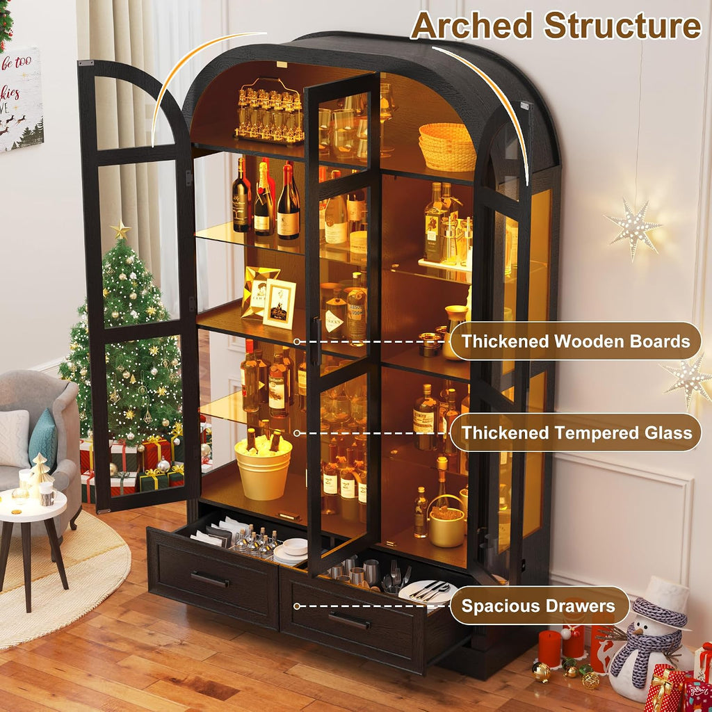 Arched Display Cabinet with 3 Glass Doors,5-Tier Curio Cabinet W/3 Color Lights for Collectibles,78'' Tall Curio Cabinet W/2 Drawers,Modern Display Case W/Human Body Sensor Light for Living/Game Room
