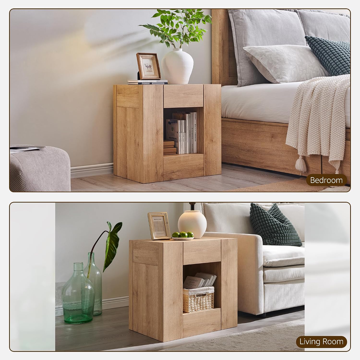 T4TREAM 24'' Modern Nightstand with Charging Station, Wood End Table w/Hidden Drawers & Open Storage Cabinet, Rustic Square Bedside Table for Bedroom,Living Room,Natural Oak