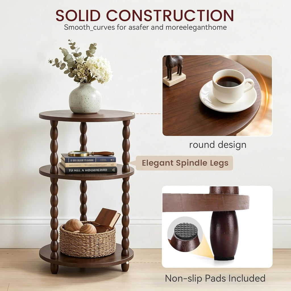 Small Round Side Table, 3-Tier Solid Wood End Table with Storage Shelf, Modern Bedside Tables Night Stand for Living Room, Bedroom, College Dorm, Small Space (Rustic Brown)