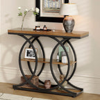 GiftGo Narrow Console Table for Entryway Industrial 3-Tier Sofa Table Behind Couch with Circle Base Wooden Accent Wall Tables with Storage Shelves for Living Room, Hallway, Foyer (Rustic Brown)