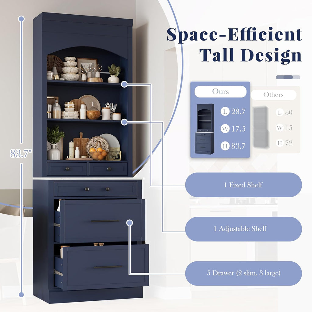 Merax 83.7” Tall Kitchen Pantry Cabinet, Storage Cabinets with 5 Drawers and Adjustable Shelves, Freestanding Kitchen Hutch with Faux Marble Top, Bathroom Storage Cabinet, Blue